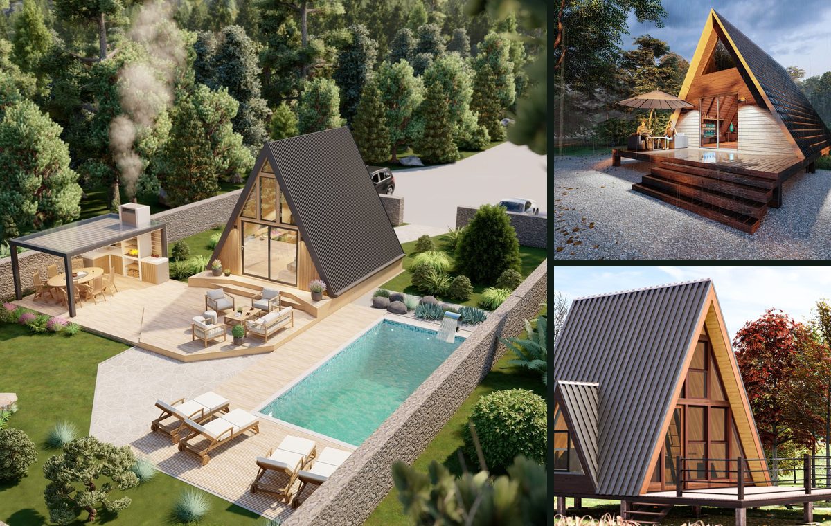 Modelos de chalé em A com piscina e deck, vistos em 3D